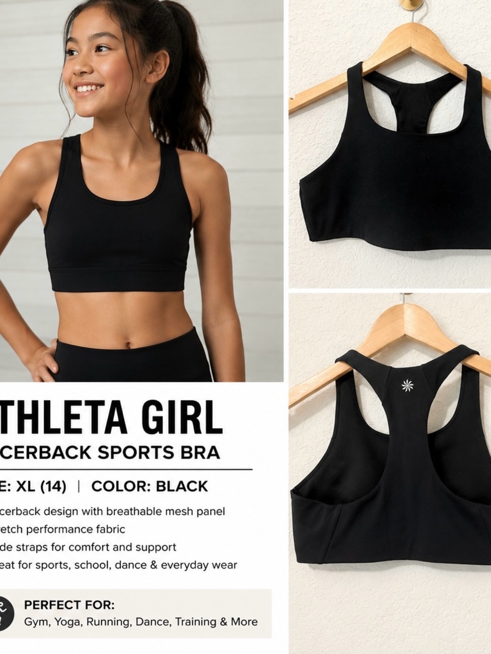 Athleta Girl Black Racerback Sports Bra XL (14) Athletic Activewear